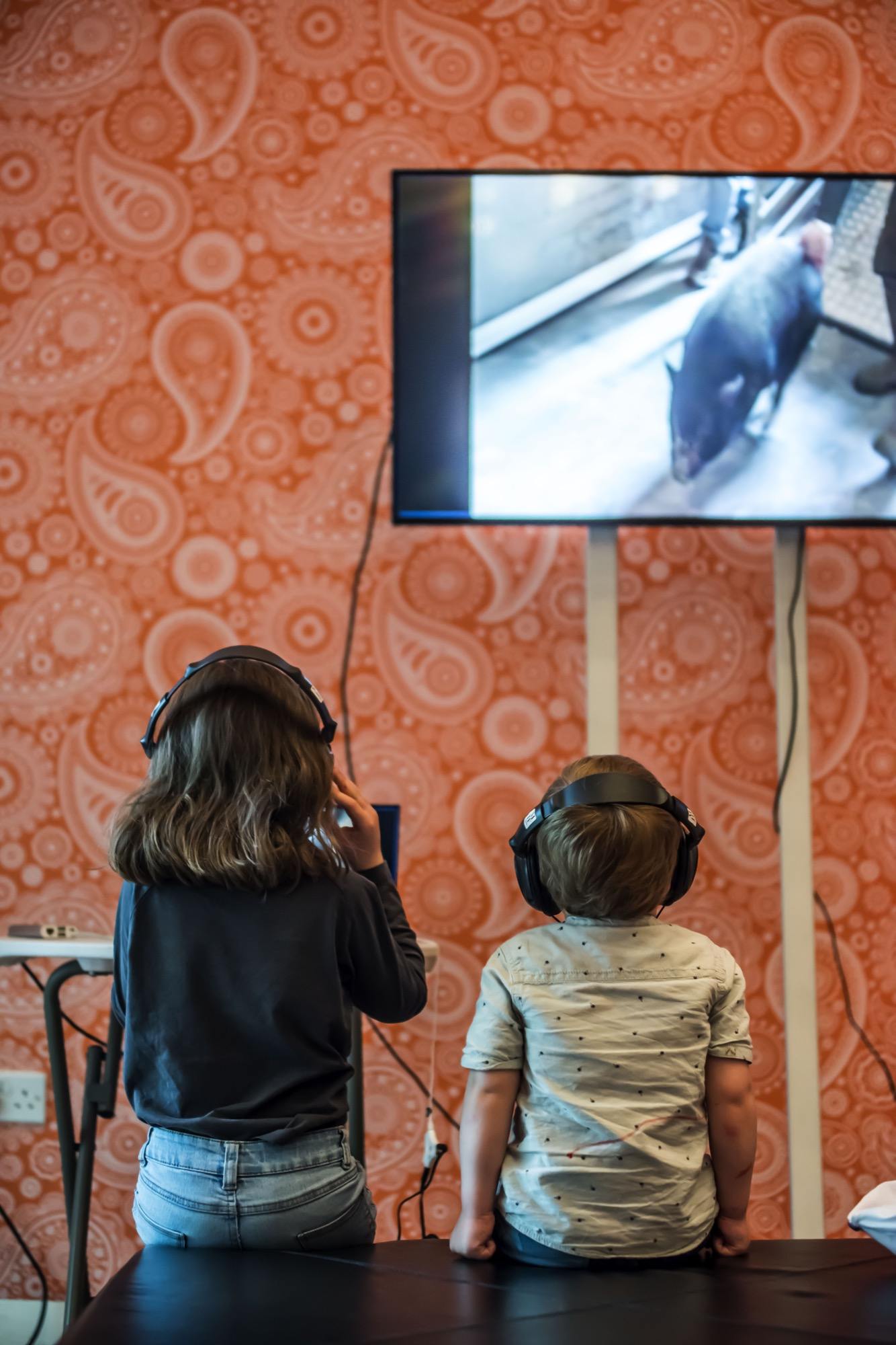 kids watching a film on a screen