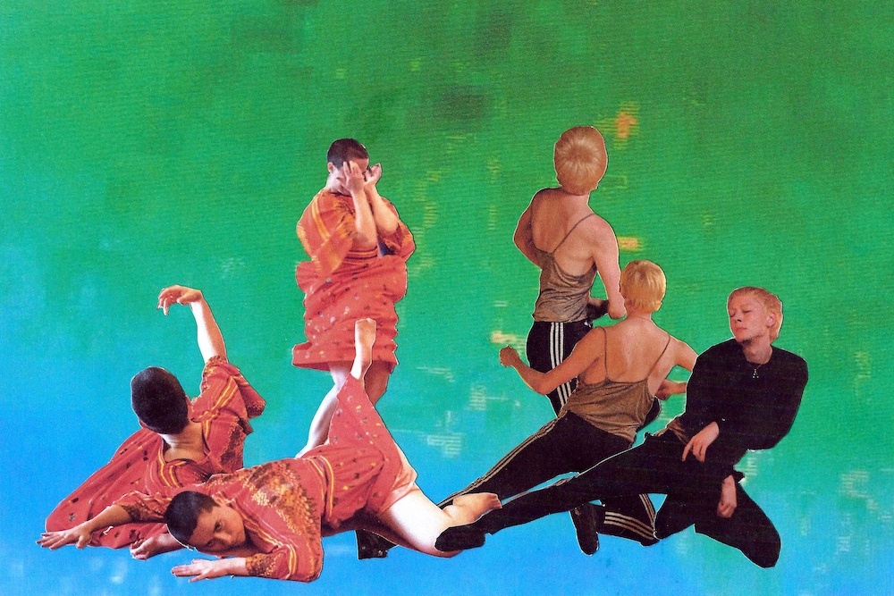 Collage featuring multiple images of the artists dancing on green and blue background.