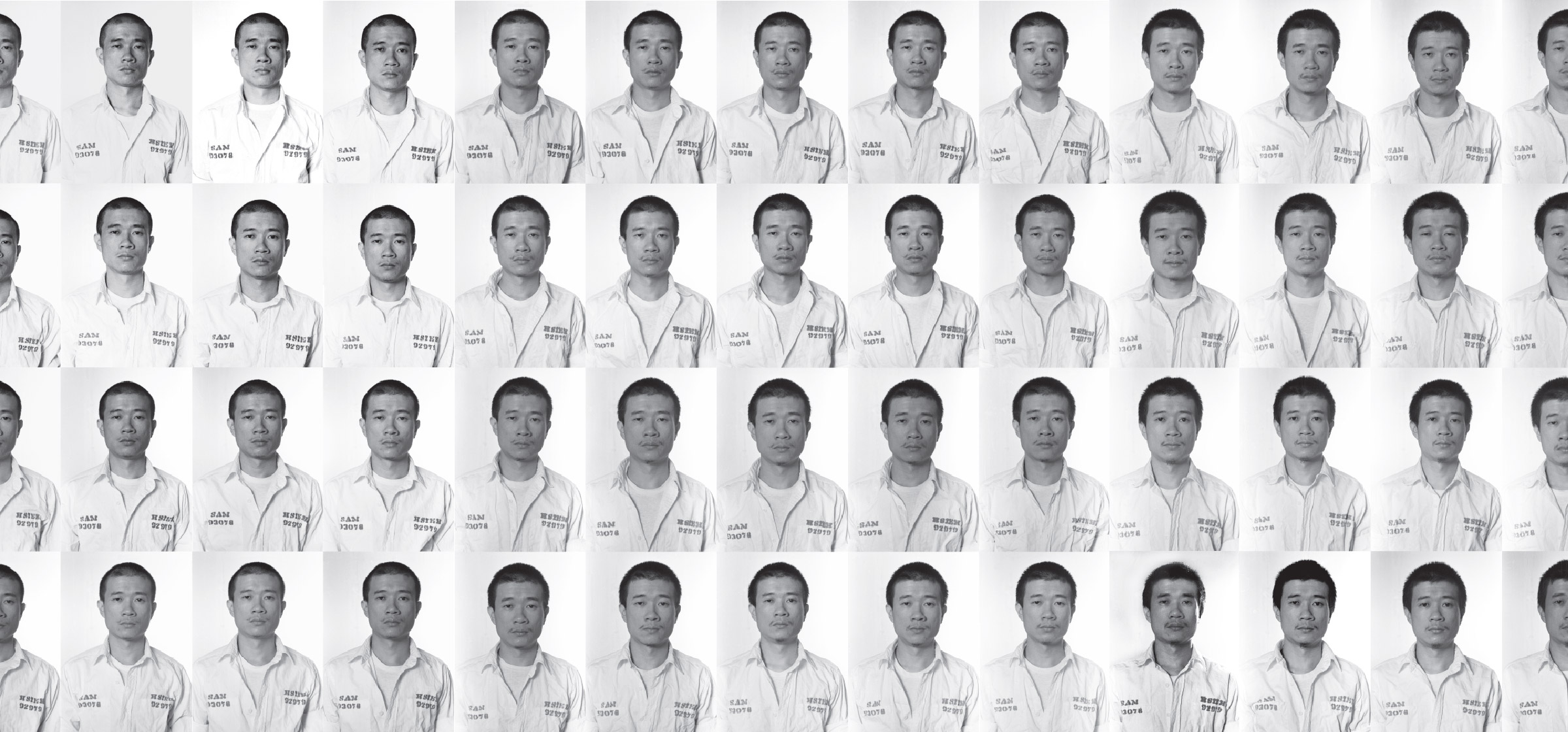 Several black and white portrait photos of Tehching Hsieh from his book Out of Now