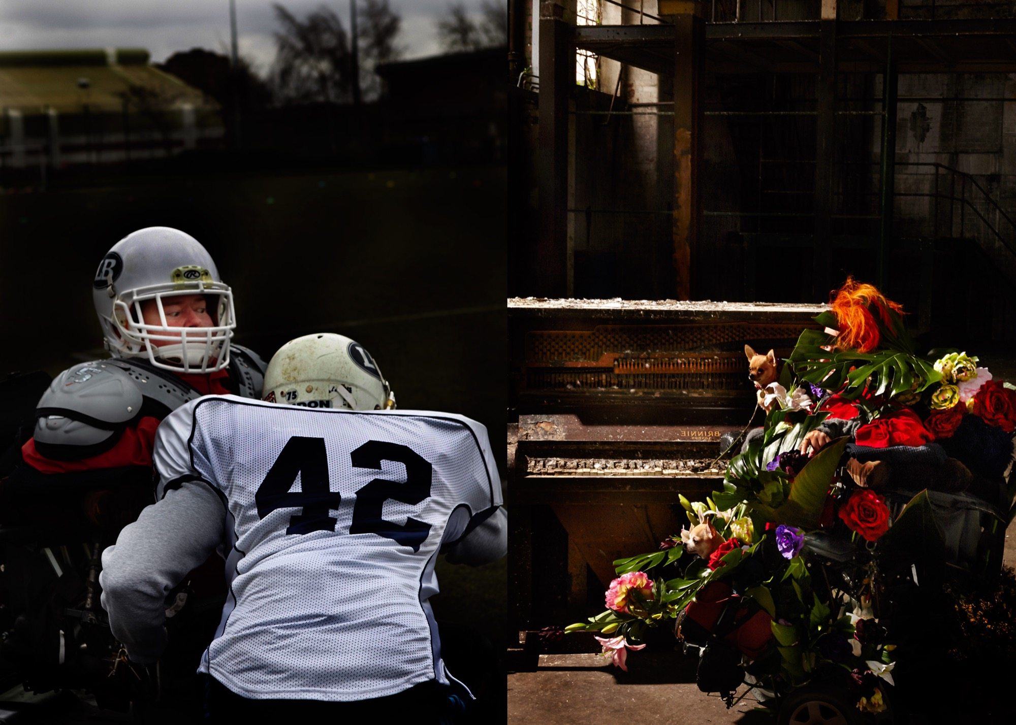 A composite image: Katherine Araniello and Aaron Williamson playing american football left hand side; right hand side katherin araniello covered in flowers