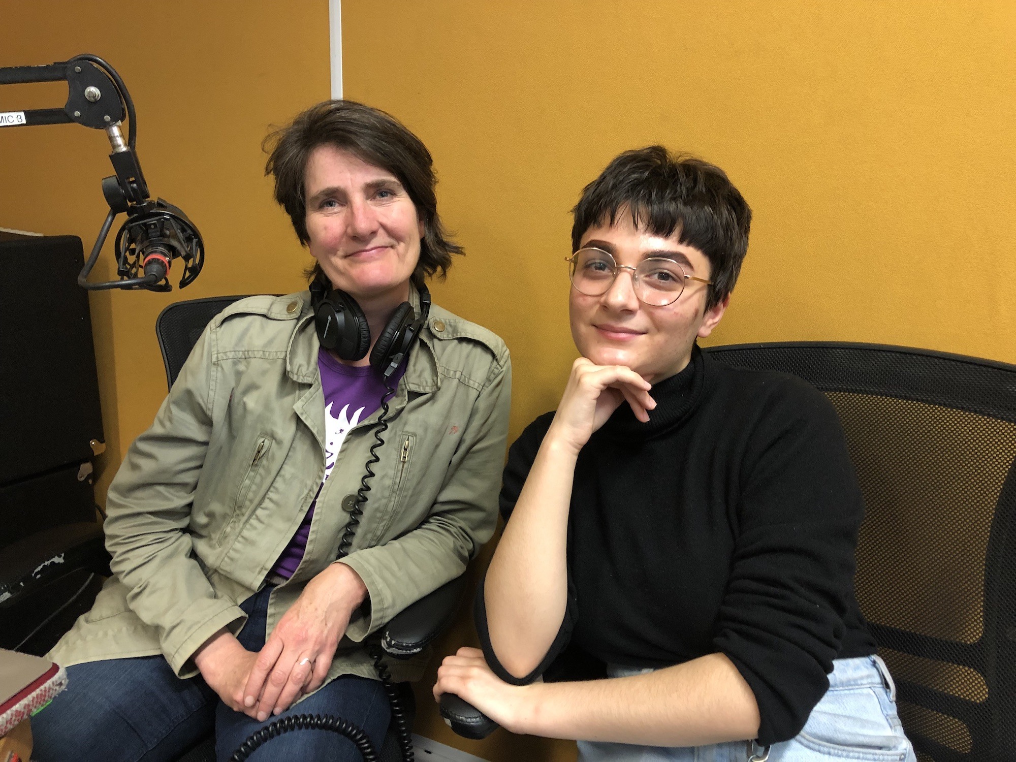 Jane Trowell and Rosamund Zipporah sit side by side in the Resonance FM studio