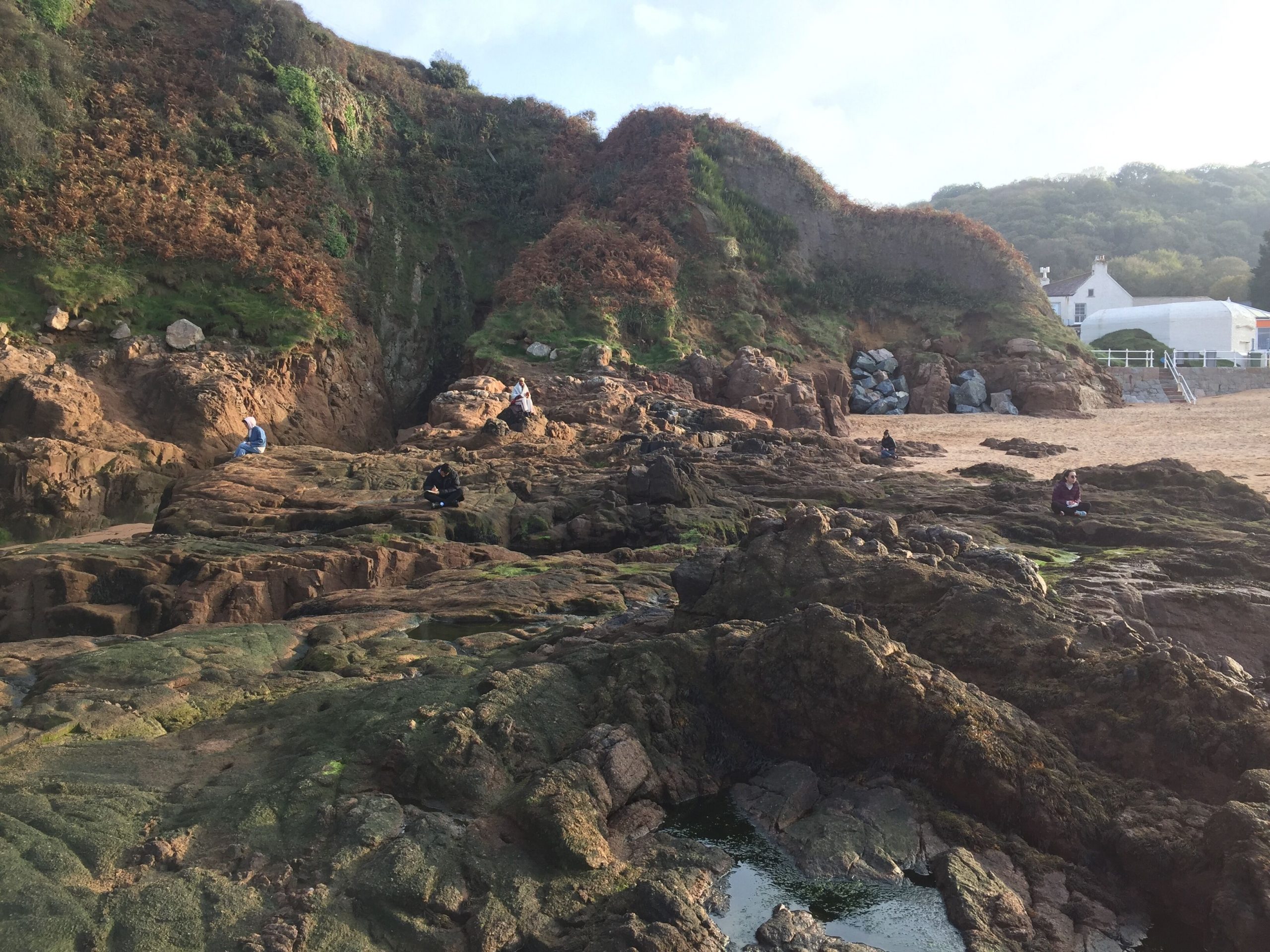 5 people sit apart from each on a coastal rock formation each with a notepad in their laps