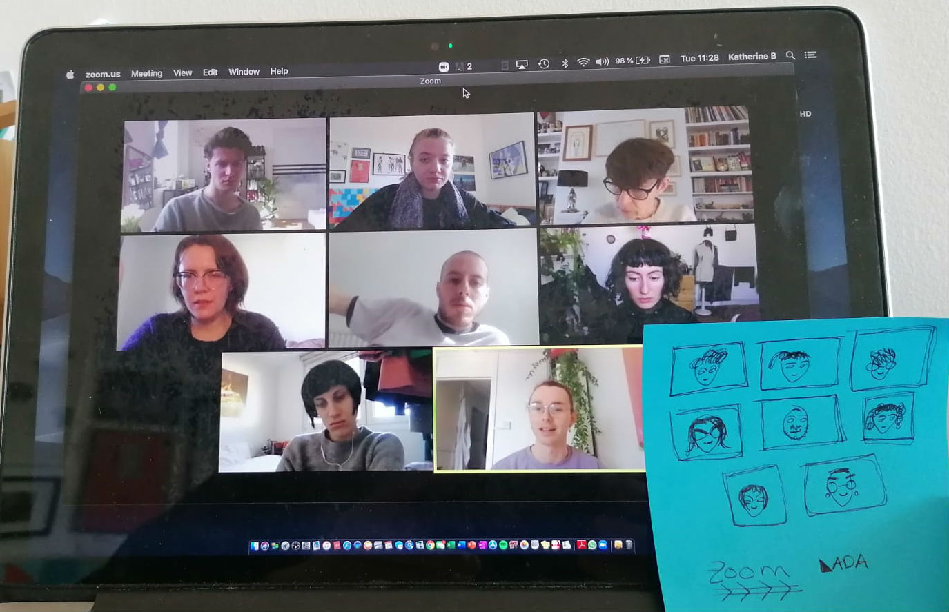 An image of laptop screen with the LADA team in a zoom meeting, accompanied by a drawing of the team.