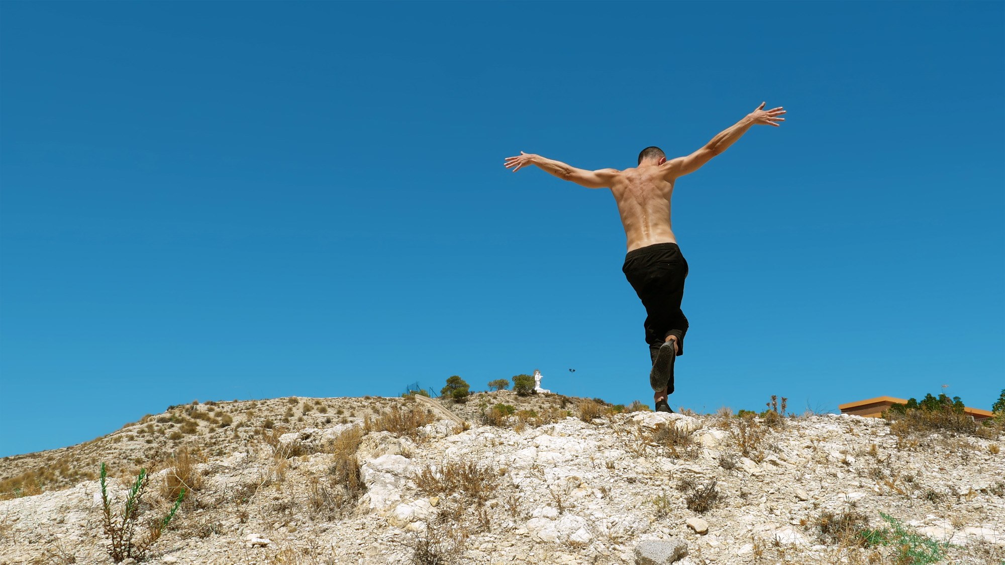 A shirtless man dances with his back to the camera. His arms are extended, christ like. He is in the desert, beneath a big blue sky.