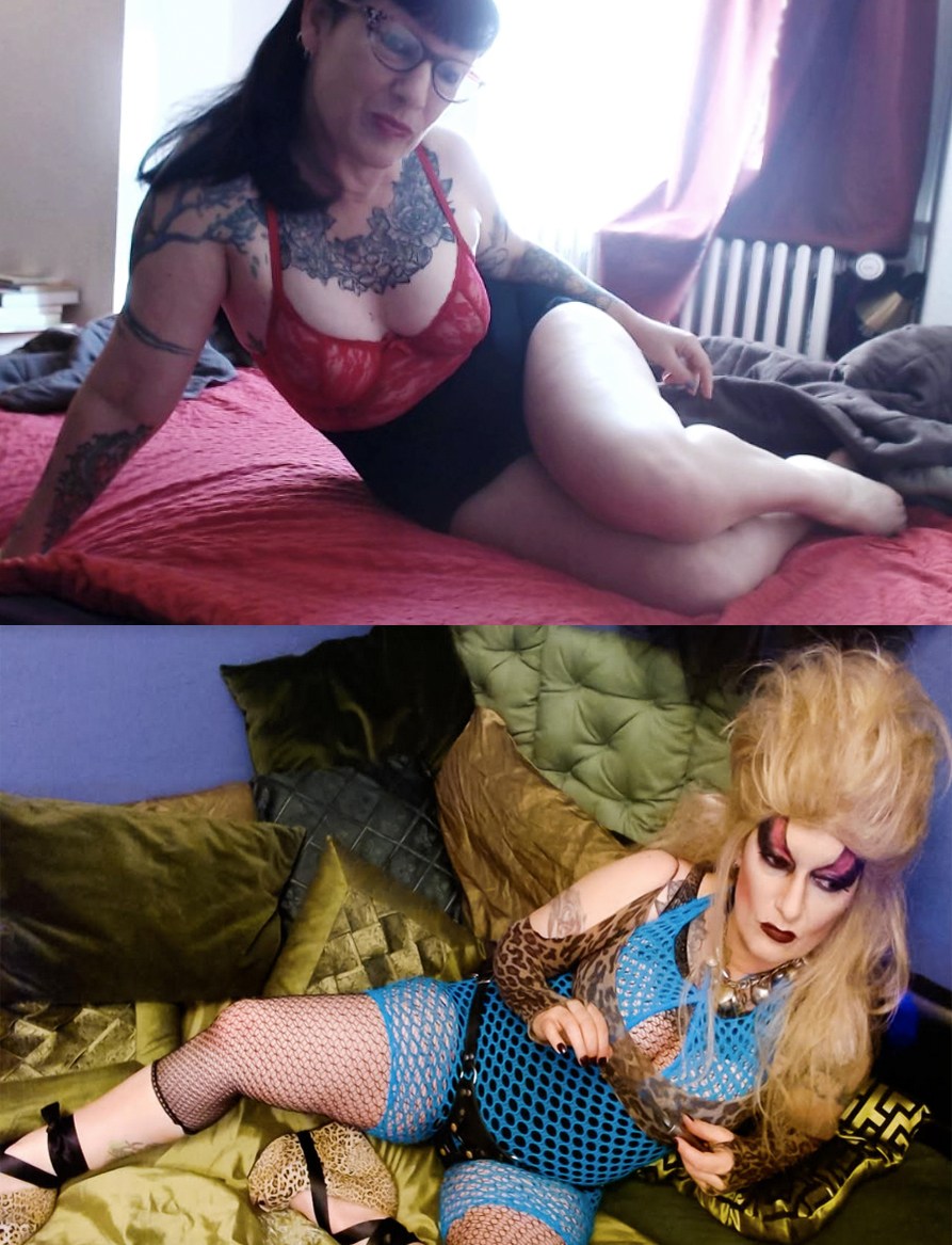 a composite of the artist Jet Moon. In the top photo jet wears a red bra and reclines on red sheets. In the lower image she is in high femme drag including a huge blonde wig.