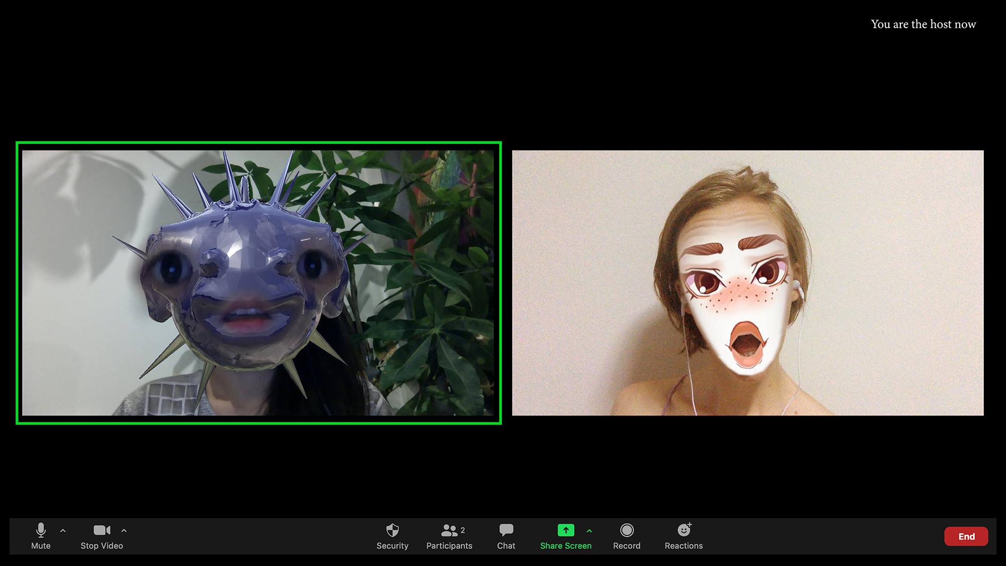 A screenshot of a video call. The faces of the artists have been digitally altered. Jemima appears to have a shark head, whereas Kei apppears like an illustration.