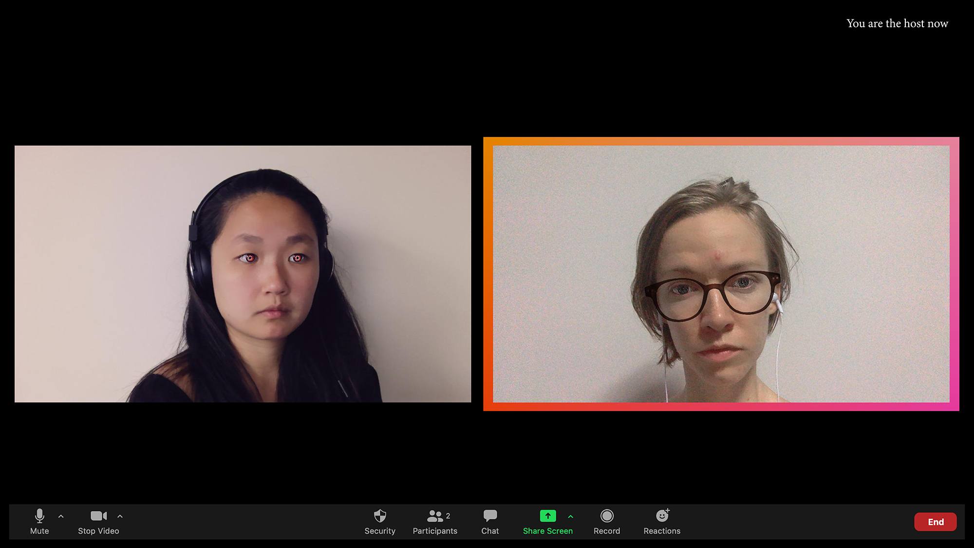 A screenshot of a video call between Jemima, a young woman fo Malay heritage, and Kei, a white american woman.