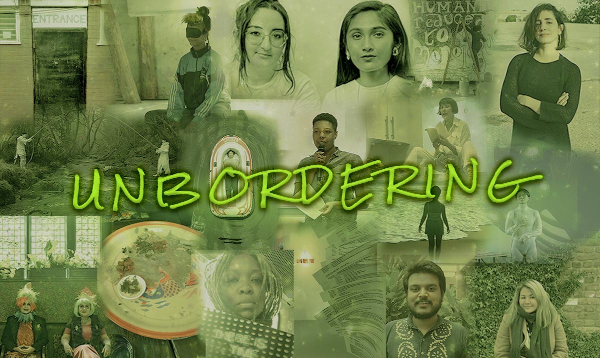 A collage image of all the contributors and artists in the Unbordering programme. The image is green, as if overlayed with a filter, and across the centre is text that reads 'unbordering' in bright green font