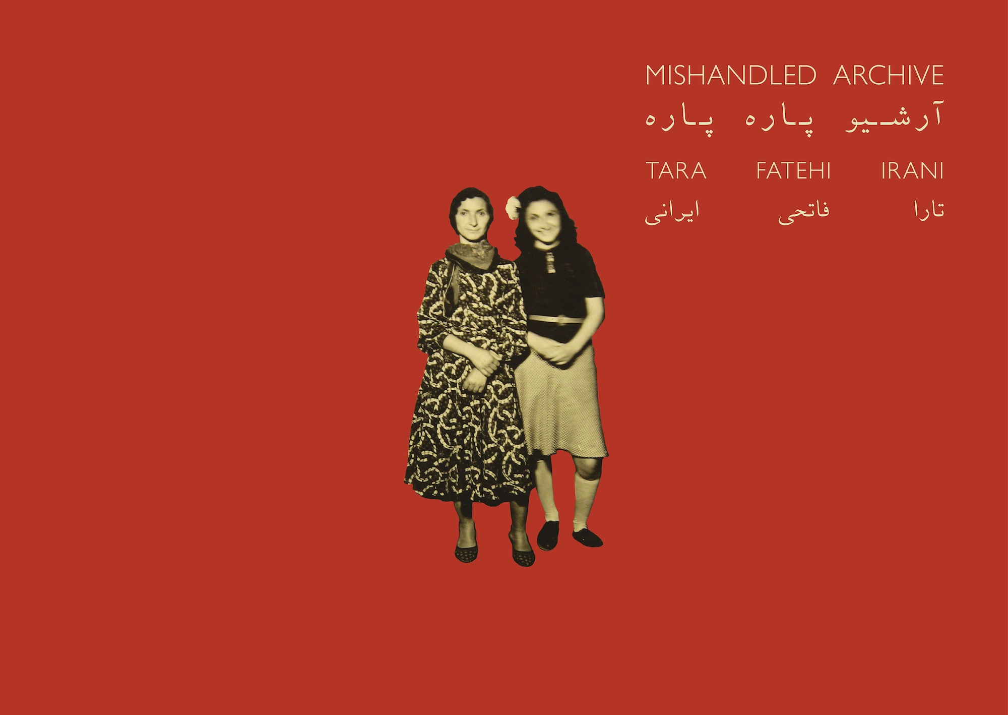 An image of the cover of 'Mishandled Archive', an archival cut out of two irani women on a red background.