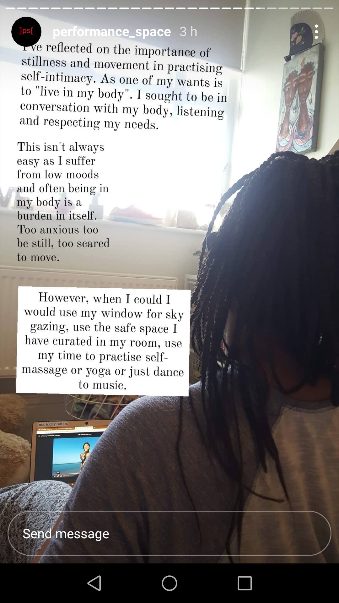 A partial selfie of the artist in their room, with texts reflecting on 'living in a body'