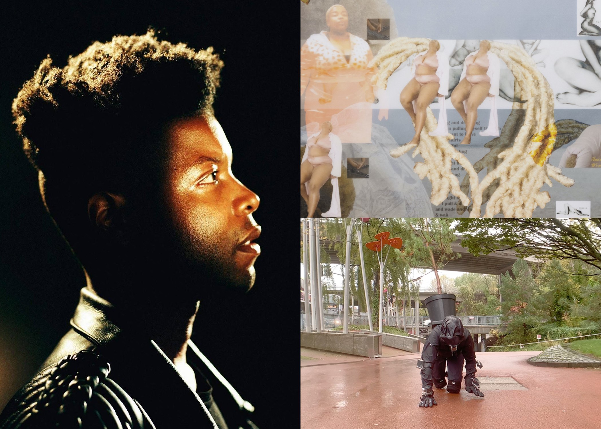A collage comprised of three images. On the left is a portrait of Isaiah Lopaz. On the top right hand side is a collage image in cool tones by artist Madinnah Farhannah Thompson. On the bottom right hand side is an image of artist Miranda Whall crawling on the ground with a tree on her back