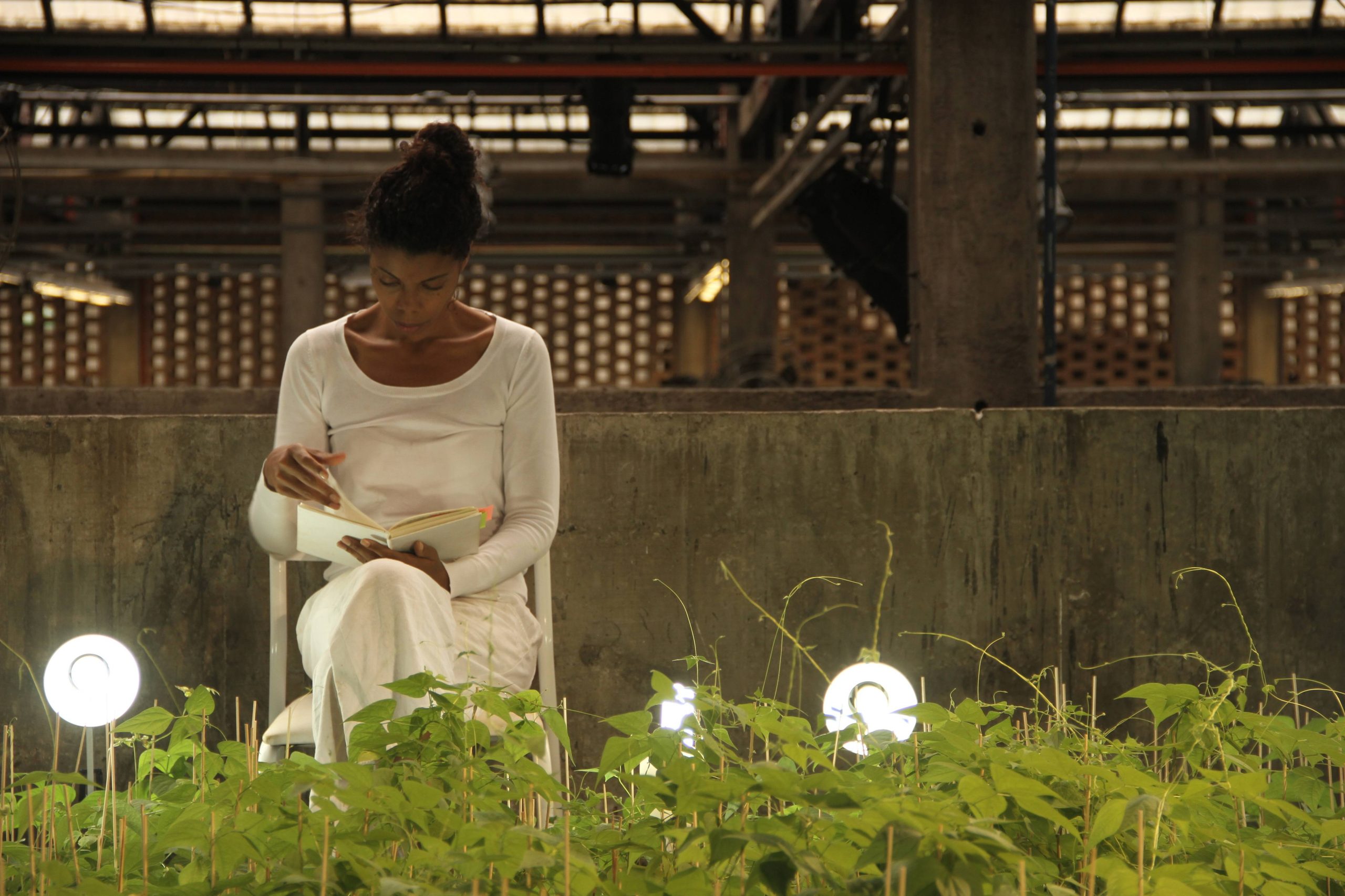 A slender black woman with her dark hair tied back. She is dressed in white and is sitting cross-legged in a white chair on the left side of the image. She is holding an open notebook and is looking at its pages. Behind the chair is a low concrete wall, beyond and above the roof is visible. In front of the woman, up to her knees, are several fronds of green bean plants. She is flanked by two white anglepoise lamps on the floor.