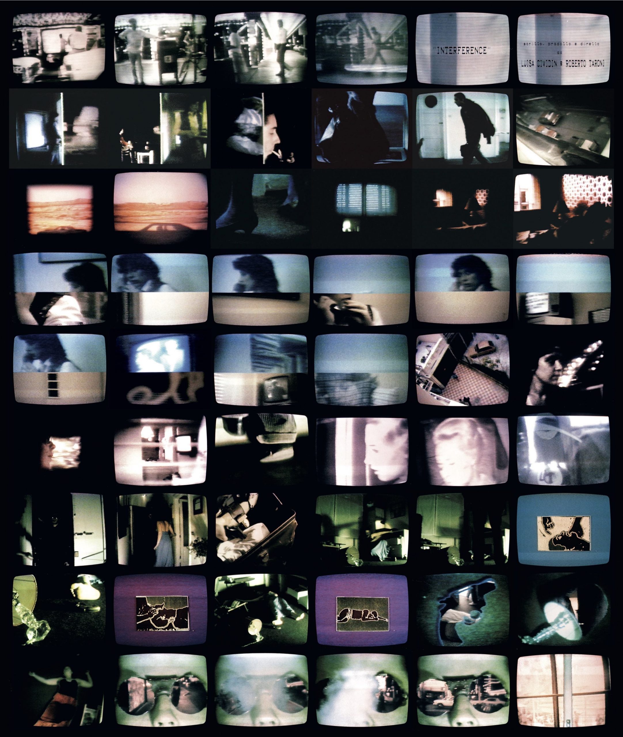 Photo of 54 tv screens, forming a 9x6 grid. The images on the tv screens depict among others: variations of blurry sepia portraits, variations of a close up of someone wearing sunglasses, the shadow of a car driving on a highway, fragmented human figures in split screens. The main colours are blue, green, black and purple.