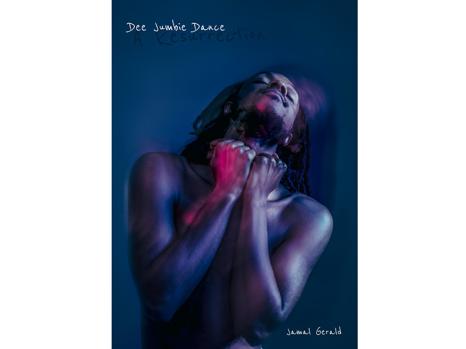 Jamal Gerald, who is a Black man with shoulder length dreadlocks, is in a blue-lit room with his head tilted back whilst dancing. A purple light is lighting up his naked body.