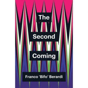 Book cover with pink and purple vertical zigzag. There are accents of white and green. The title 'the second coming" and "Franco 'Bifo' Berardi" are in black boxes down the middle of the page in white writing.