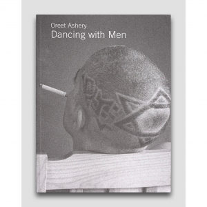 A black and white image of the back of a shaved head. There is the pattern of a star of David on the back of the head and a cigarette in their mouth. Their head leans on the back of a wooden chair. Across the top it says: Oreet Ashery Dancing with Men.
