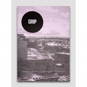 A black and white image of the Glasgow skyline, in a pale purple hue. There's a large black circle with 'Grip' written in the middle. Along the bottom reads: Glasgow Review of International Performance.