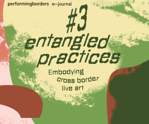 The cover of Performingborders: Entangled Practices. An abstract illustration in earth colours, green, yellow and brown. The title of the publication is written in a wavy green font.