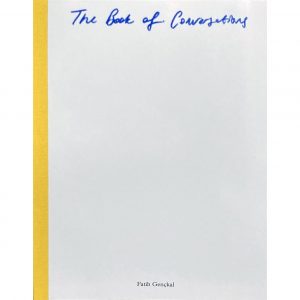 The Book of Conversations cover. Handwritten in blue on white background with yellow binding down the left side.