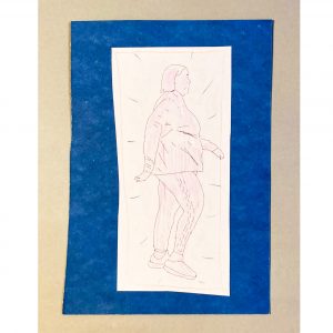 A hand drawn figure of Charlotte Cooper walking on her "rounds"