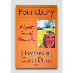 An orange cover with Charlotte's face in pink, mouth open in front of a grass lawn and buildings in the background