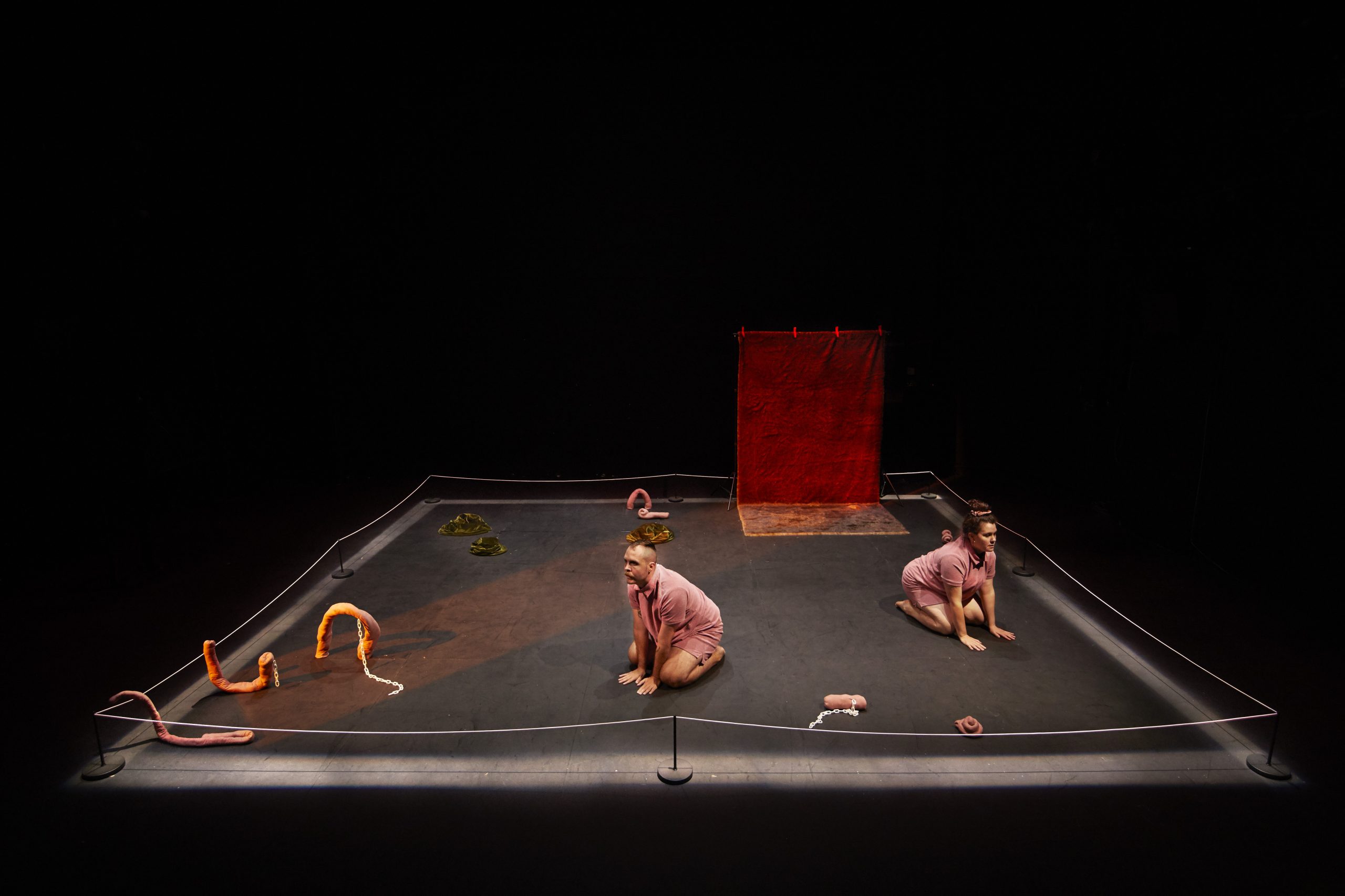 Two white performers, a man and a woman, in matching pink costumes kneel on a dimly lit stage surrounded by pink, bodily props and a red-lit partial backdrop.