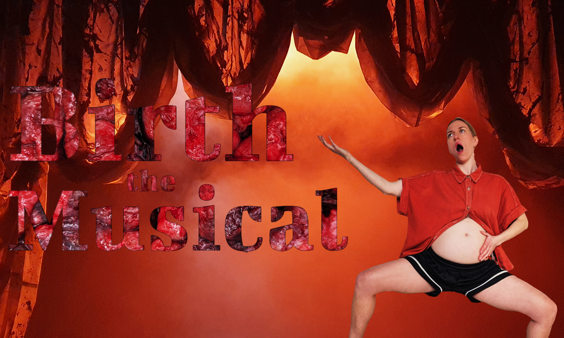 A white person strikes a dramatic, wide-legged pose with one arm extended, wearing a cropped red shirt and black shorts, their mouth open as if singing. They are set against a fiery red, cavern-like backdrop that gives the scene a theatrical, surreal feel.