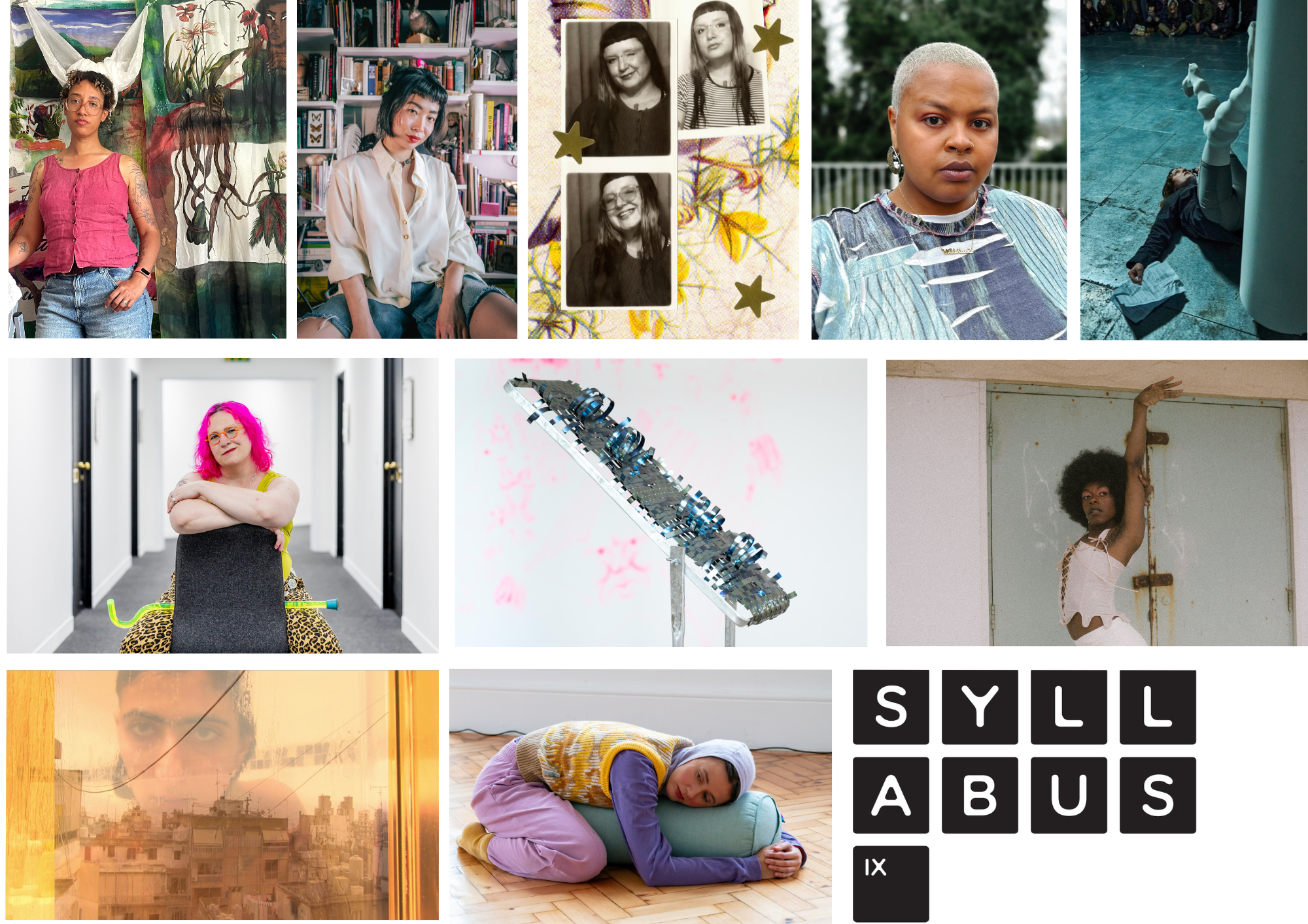 A series of headshots and gallery install images representing the ten artists of Syllabus IX